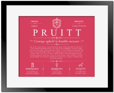 Pruitt family name meaning and origin in Red with Black Matte Frame
