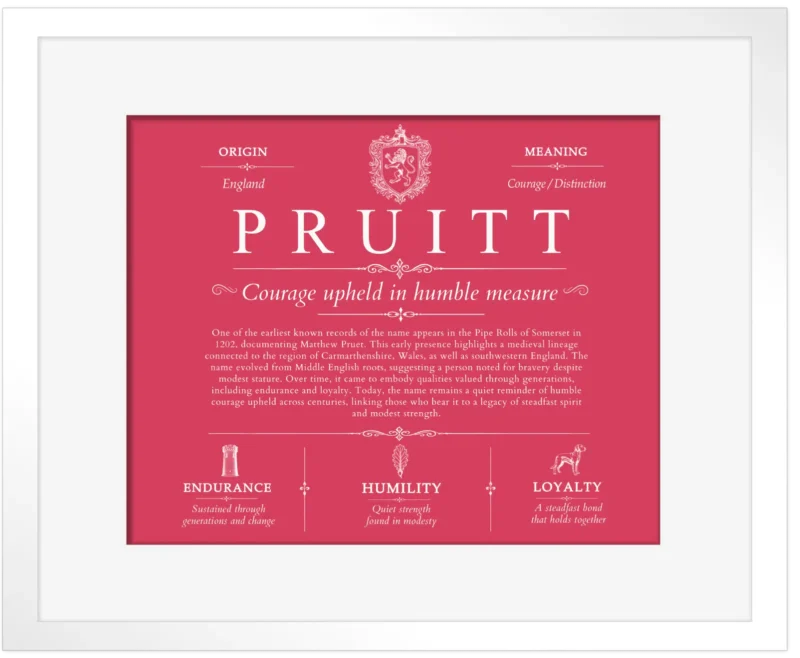 Pruitt family name meaning and origin in Red with White Matte Frame