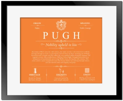 Pugh surname origin and history in Orange with Black Matte Frame