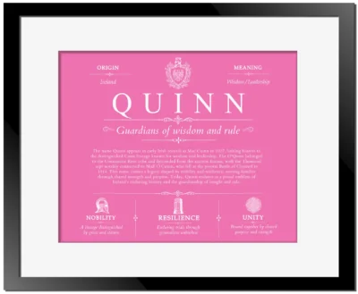 Quinn surname history and family heritage in Pink with Black Matte Frame