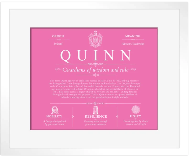 Quinn surname history and family heritage in Pink with White Matte Frame
