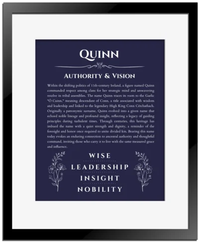 Quinn name meaning keepsake print in navy blue with black matte frame
