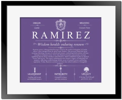 Ramirez surname history and heritage in Purple with Black Matte Frame