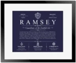 Ramsey family name history in Navy Blue with Black Matte Frame
