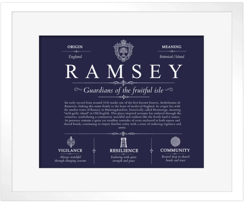 Ramsey family name history in Navy Blue with White Matte Frame