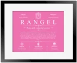 Rangel surname history and family heritage in Pink with Black Matte Frame