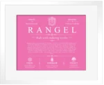 Rangel surname history and family heritage in Pink with White Matte Frame