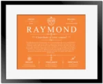 Raymond family name heritage in Orange with Black Matte Frame