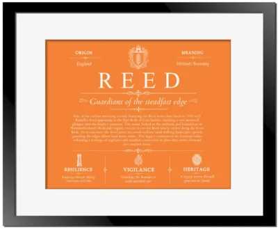 Reed last name origin and heritage in Orange with Black Matte Frame