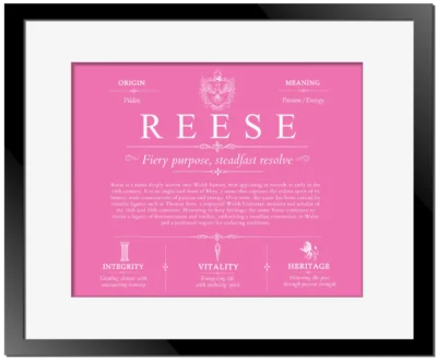 Reese family name history in Pink with Black Matte Frame