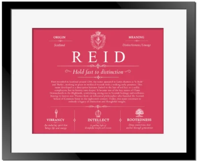 Reid last name meaning and origin in Red with Black Matte Frame