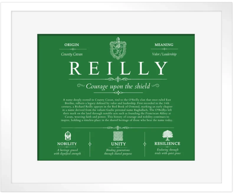 Reilly family name meaning and history in Dark Green with White Matte Frame