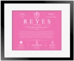 Reyes surname history and family heritage in Pink with Black Matte Frame
