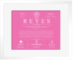 Reyes surname history and family heritage in Pink with White Matte Frame Reyes surname history and family heritage in Pink with White Matte Frame