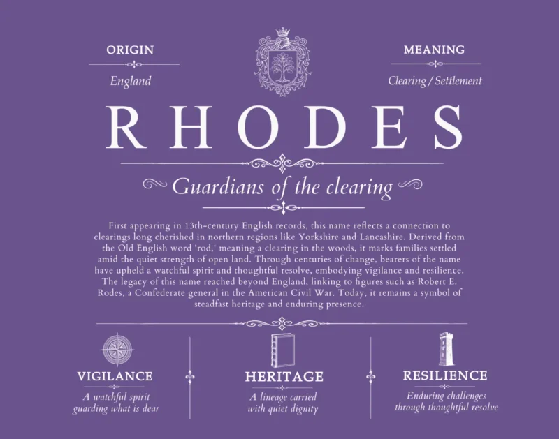 Rhodes surname origin and family heritage in Purple