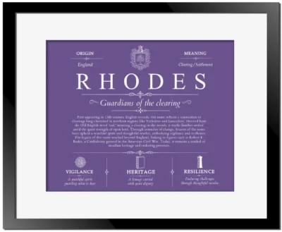 Rhodes surname origin and family heritage in Purple with Black Matte Frame