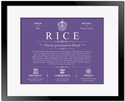 Rice last name meaning and origin in Purple with Black Matte Frame