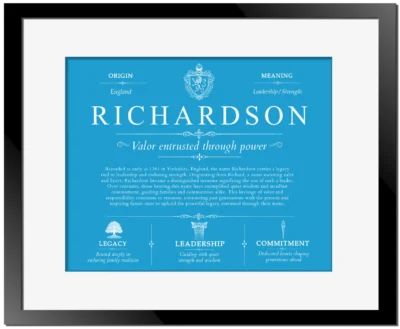 Richardson last name history and origin in Blue with Black Matte Frame