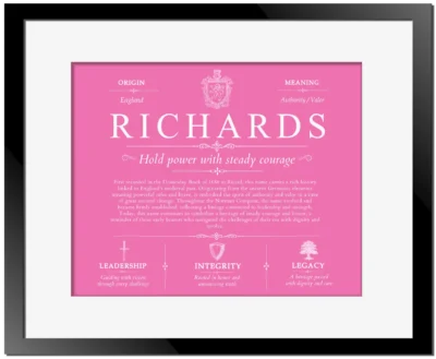 Richards last name history and origin in Pink with Black Matte Frame