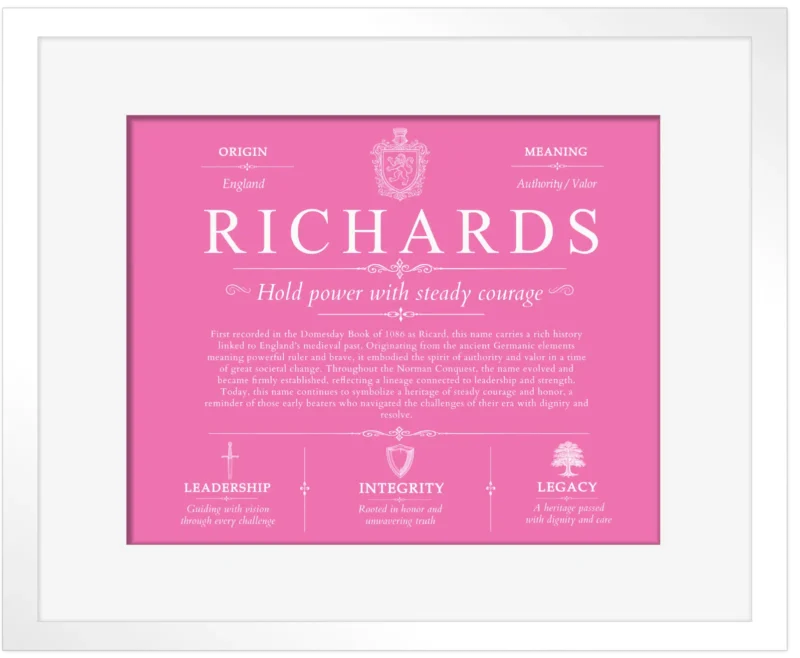Richards last name history and origin in Pink with White Matte Frame
