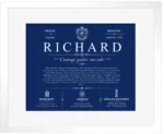 Richard family name meaning and origin in Deep Blue with White Matte Frame