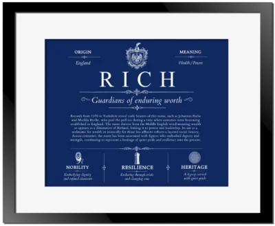 Rich last name history and origin in Deep Blue with Black Matte Frame
