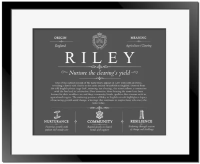 Riley family name heritage in Gray with Black Matte Frame