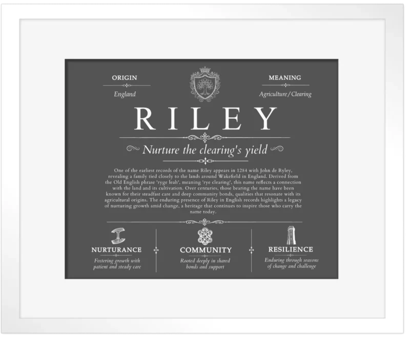 Riley family name heritage in Gray with White Matte Frame