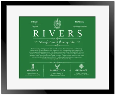 Rivers last name meaning and origin in Dark Green with Black Matte Frame
