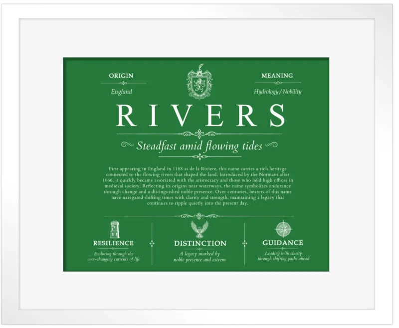 Rivers last name meaning and origin in Dark Green with White Matte Frame