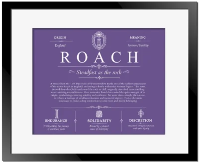 Roach personalized surname meaning in Purple with Black Matte Frame