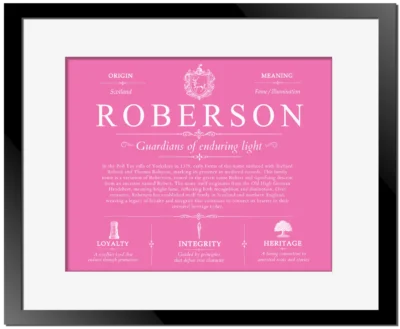 Roberson surname meaning and origin in Pink with Black Matte Frame