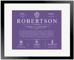 Robertson family name history in Purple with Black Matte Frame