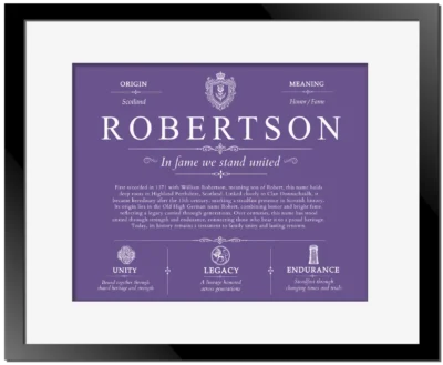 Robertson family name history in Purple with Black Matte Frame
