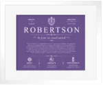 Robertson family name history in Purple with White Matte Frame