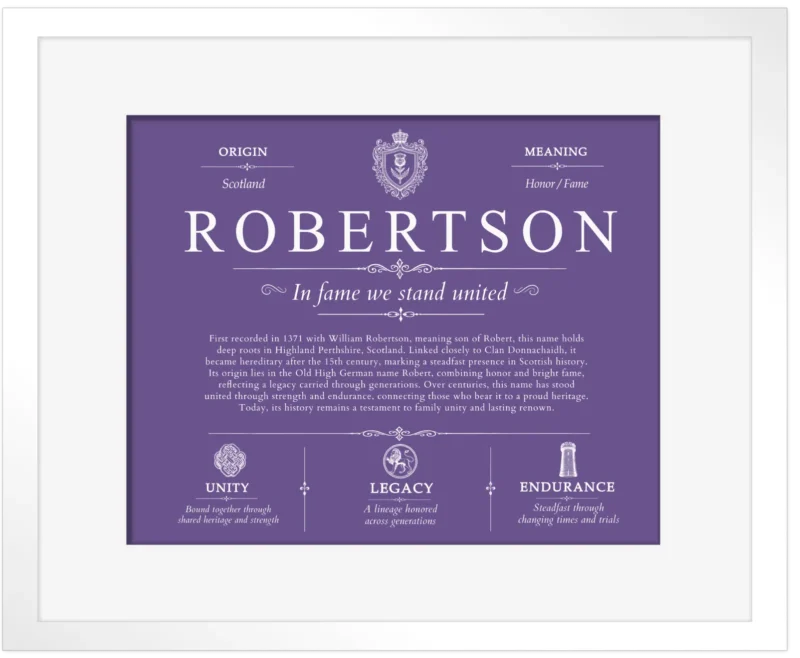 Robertson family name history in Purple with White Matte Frame