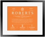 Roberts family name heritage in Orange with Black Matte Frame