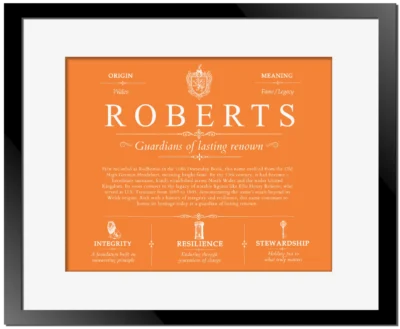 Roberts family name heritage in Orange with Black Matte Frame