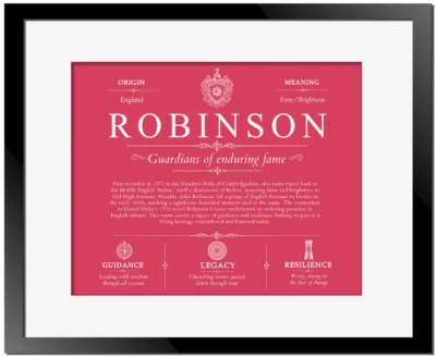 Robinson family name heritage in Red with Black Matte Frame