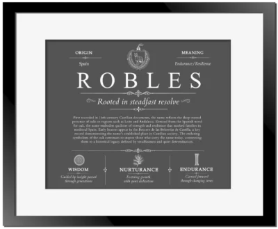 Robles surname meaning history and origin in Gray with Black Matte Frame