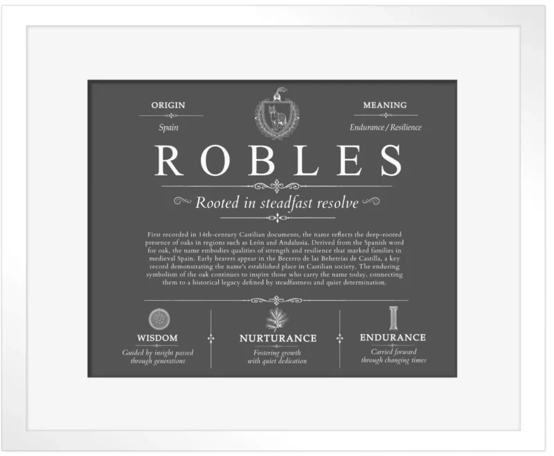 Robles surname meaning history and origin in Gray with White Matte Frame