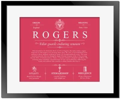 Rogers surname history and heritage in Red with Black Matte Frame
