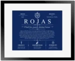 Rojas family name meaning and history in Deep Blue with Black Matte Frame