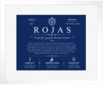 Rojas family name meaning and history in Deep Blue with White Matte Frame Rojas family name meaning and history in Deep Blue with White Matte Frame