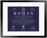 Roman family name heritage in Navy Blue with Black Matte Frame