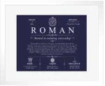 Roman family name heritage in Navy Blue with White Matte Frame
