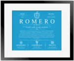 Romero family name meaning and history in Blue with Black Matte Frame