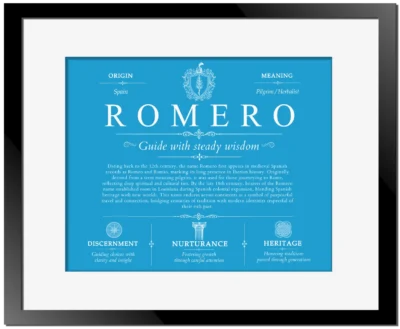 Romero family name meaning and history in Blue with Black Matte Frame