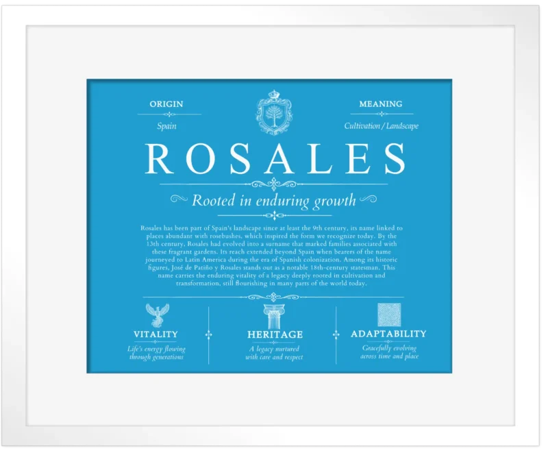 Rosales surname origin and family heritage in Blue with White Matte Frame