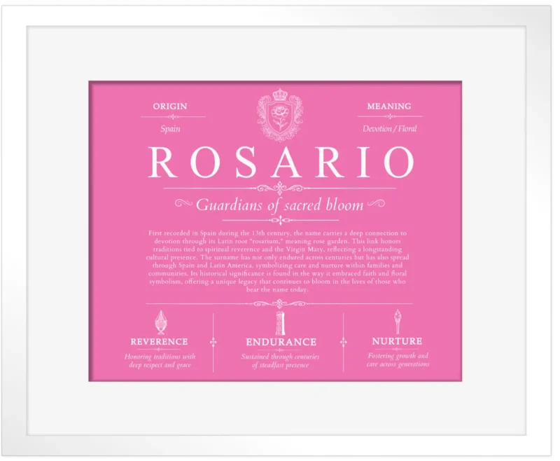 Rosario personalized surname meaning in Pink with White Matte Frame
